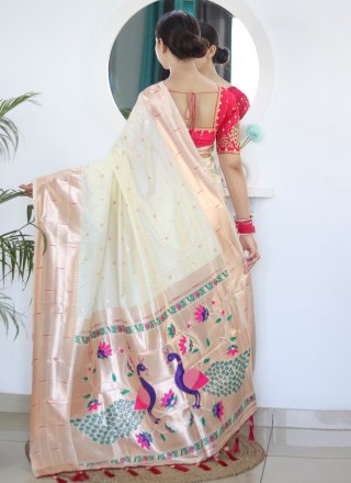 Cream Silk Embroidered and Jacquard Work Contemporary Saree for Ceremonial