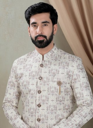 Cream Silk Embroidered, Sequins and Thread Work Indo Western