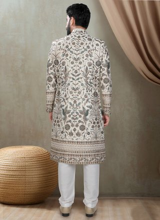 Cream Silk Embroidered, Sequins and Thread Work Sherwani Mens Wear for Ceremonial