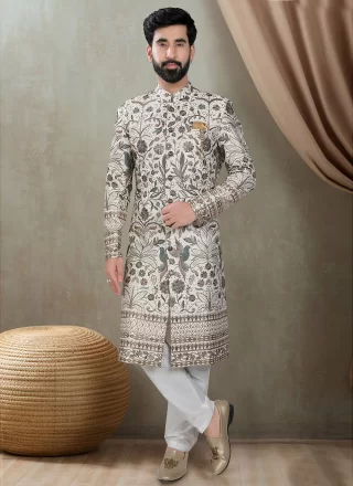 Cream Silk Embroidered, Sequins and Thread Work Sherwani Mens Wear for Ceremonial