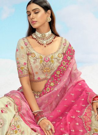 Cream Silk Embroidered, Sequins, Stone, Thread and Zari Work A - Line Lehenga Choli for Engagement