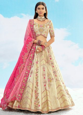 Cream Silk Embroidered, Sequins, Stone, Thread and Zari Work A - Line Lehenga Choli for Engagement