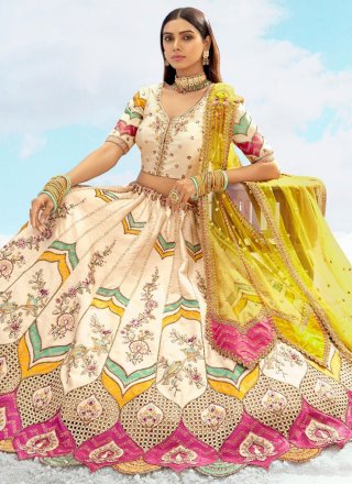 Cream Silk Embroidered, Sequins, Stone, Thread and Zari Work Lehenga Choli