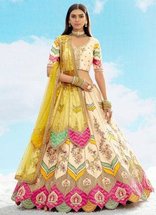 Cream Silk Embroidered, Sequins, Stone, Thread and Zari Work Lehenga Choli