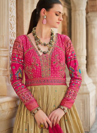 Cream Silk Gown with Foil Print Work for Women