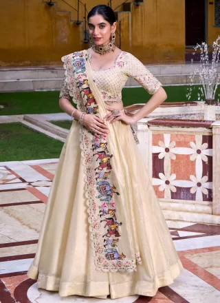 Cream Silk Lehenga Choli with Embroidered and Plain Work