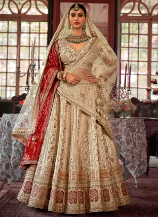Cream Silk Lehenga Choli with Embroidered, Pearls, Sequins, Thread, Weaving and Zari Work