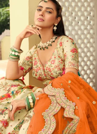Cream Silk Lehenga Choli with Embroidered, Sequins and Zari Work