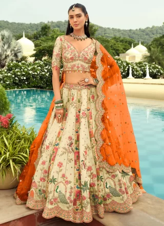 Cream Silk Lehenga Choli with Embroidered, Sequins and Zari Work