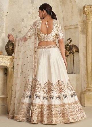 Cream Silk Patch Border, Embroidered and Zari Work A - Line Lehenga Choli for Women