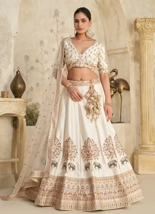 Cream Silk Patch Border, Embroidered and Zari Work A - Line Lehenga Choli for Women