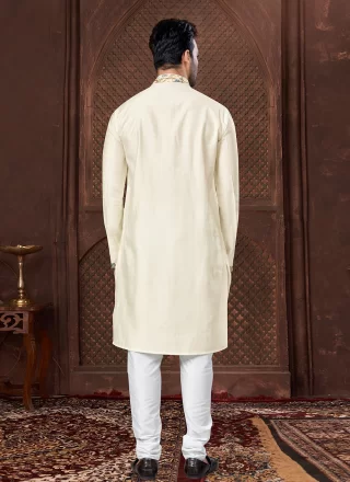Cream Silk Plain Work Kurta Pyjama