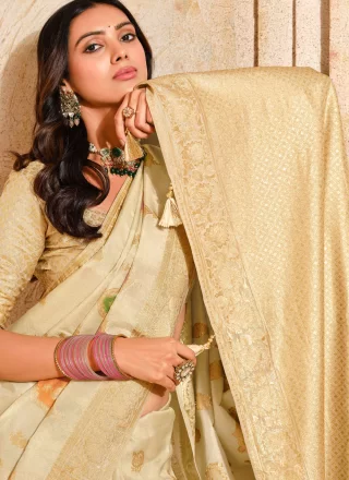 Cream Silk Traditional Saree with Fancy, Weaving and Zari Work for Ceremonial