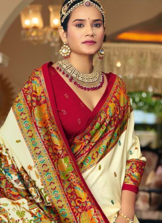 Cream Silk Traditional Saree with Print Work