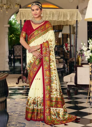 Cream Silk Traditional Saree with Print Work