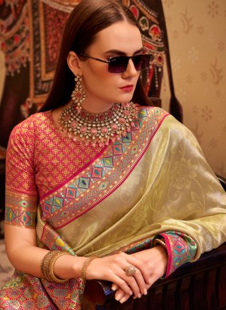 Cream Silk Weaving Work Trendy Saree