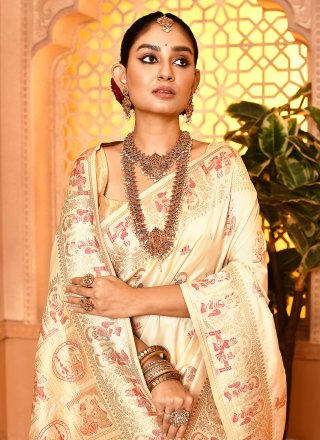 Cream Silk Woven Work Classic Sari for Ceremonial