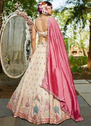 Cream Tissue A - Line Lehenga Choli with Embroidered, Sequins and Zari Work
