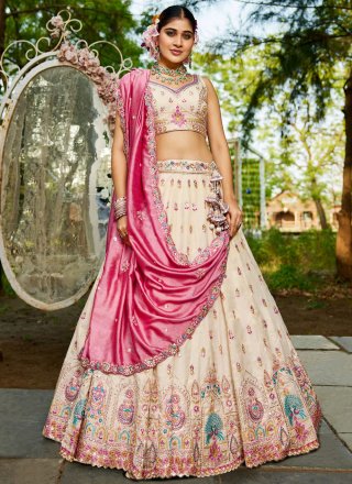 Cream Tissue A - Line Lehenga Choli with Embroidered, Sequins and Zari Work