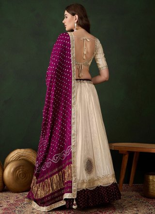 Cream Tissue A - Line Lehenga Choli with Moti, Thread and Zari Work for Ceremonial