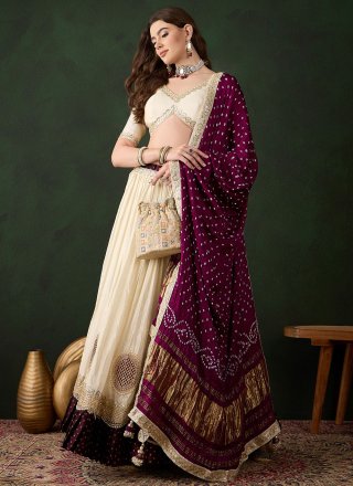 Cream Tissue A - Line Lehenga Choli with Moti, Thread and Zari Work for Ceremonial