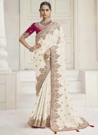 Cream Tissue Embroidered, Sequins and Zari Work Classic Saree