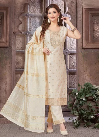 Cream Tissue Embroidered Work Salwar Suit for Ceremonial