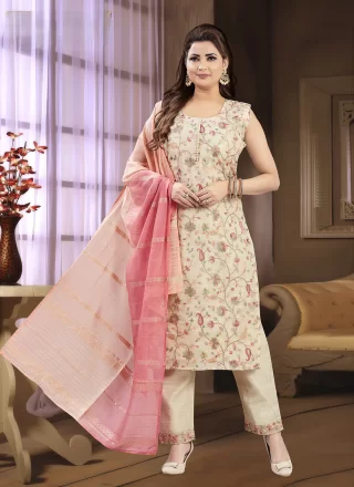 Cream Tissue Embroidered Work Salwar Suit for Ceremonial