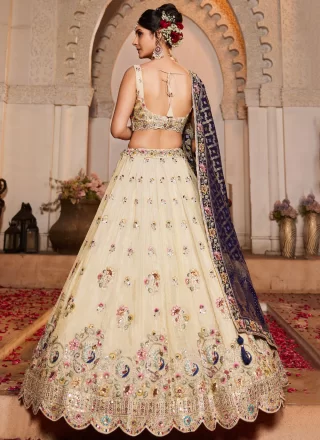 Cream Tissue Lehenga Choli with Beads, Embroidered, Sequins, Stone and Zari Work