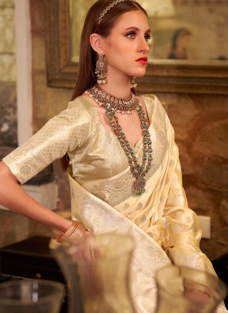 Cream Weaving and Zari Work Satin Silk Designer Saree
