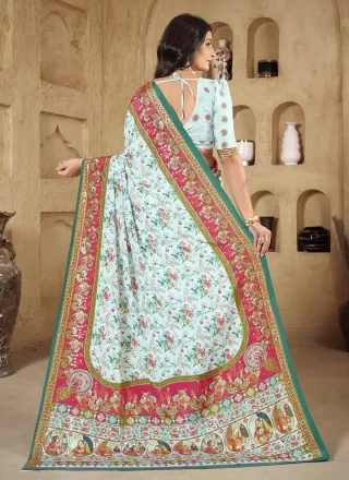 Crepe Silk Classic Saree In Aqua Blue Color
