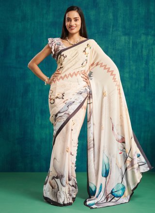 Crepe Silk Classic Sari In Cream Color
