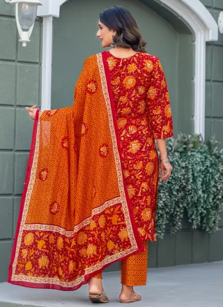 Crimson and Red Blended Cotton Print Work Readymade Style