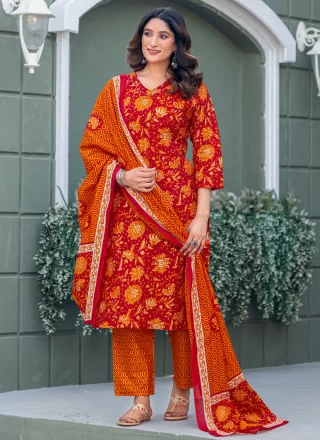 Crimson and Red Blended Cotton Print Work Readymade Style
