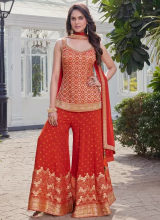 Crimson and Red Georgette Patch Border, Jacquard and Lace Work Salwar Suit for Festival