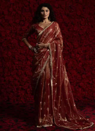 Crimson and Red Net Booti and Lace Work Contemporary Saree