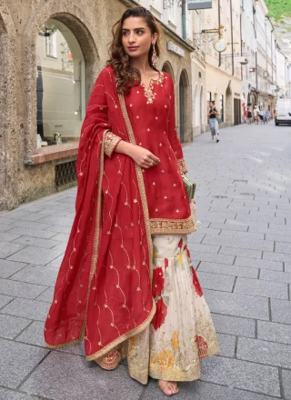 Crimson and Rust Chinon Palazzo Salwar Suit with Embroidered, Sequins and Zari Work