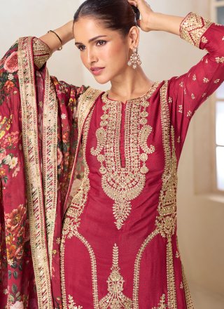 Crimson Chinon Embroidered, Mirror and Zari Work Readymade Salwar Suit for Women