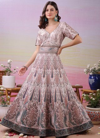Crystals, Digital Print and Swarovski Work Satin Silk  Designer Gown In Off White for Engagement