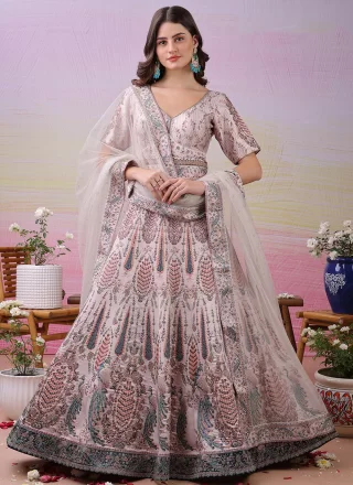 Crystals, Digital Print and Swarovski Work Satin Silk  Designer Gown In Off White for Engagement