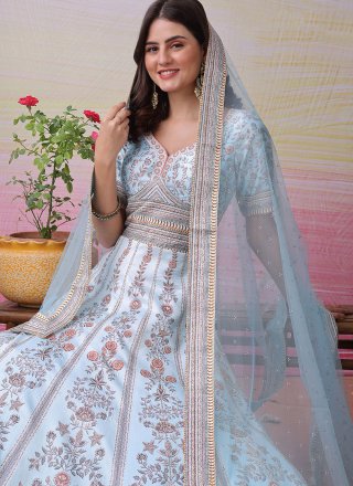 Crystals, Digital Print and Swarovski Work Satin Silk Gown In Blue