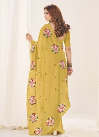 Customary Mustard Crush Classic Saree with Cut, Embroidered and Thread Work