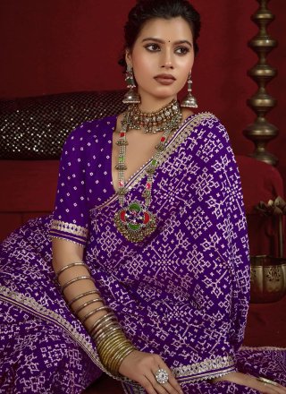 Customary Violet Silk Classic Sari with Patch Border, Lace and Print Work