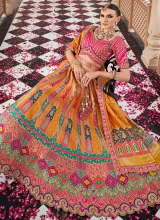 Cut and Embroidered Work Banarasi Silk Lehenga Choli In Multi Colour