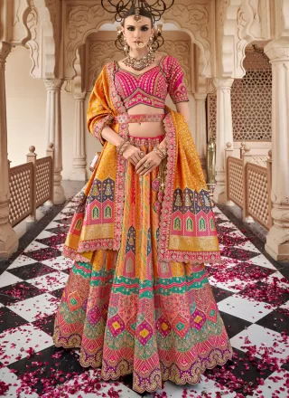 Cut and Embroidered Work Banarasi Silk Lehenga Choli In Multi Colour