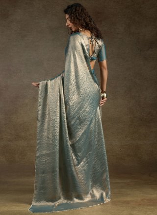 Cut and Stone Work Satin Silk Traditional Saree In Firozi for Ceremonial
