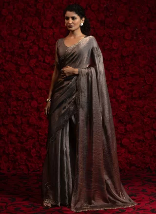 Cut and Zircon Work Chiffon Satin Designer Saree In Grey Color