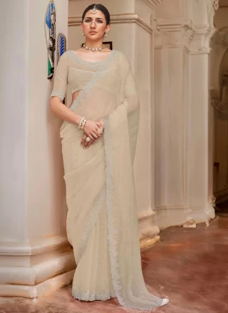 Cut Dana and Cut Work Silk Classic Sari In Beige for Party