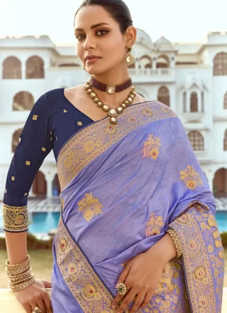 Cut Dana, Moti, Weaving and Zari Work Pure Dola Trendy Saree In Lavender