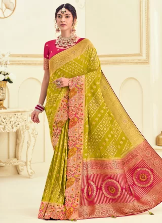Cut, Embroidered and Jacquard Work Silk Designer Sari In Green for Ceremonial